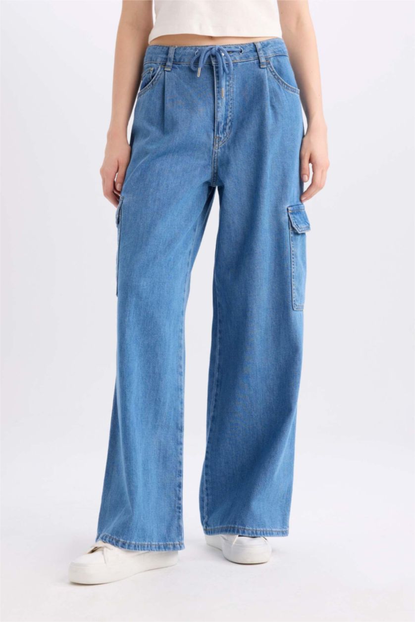 FEMME Bleu Pantalon Jean Cargo large Taille haute