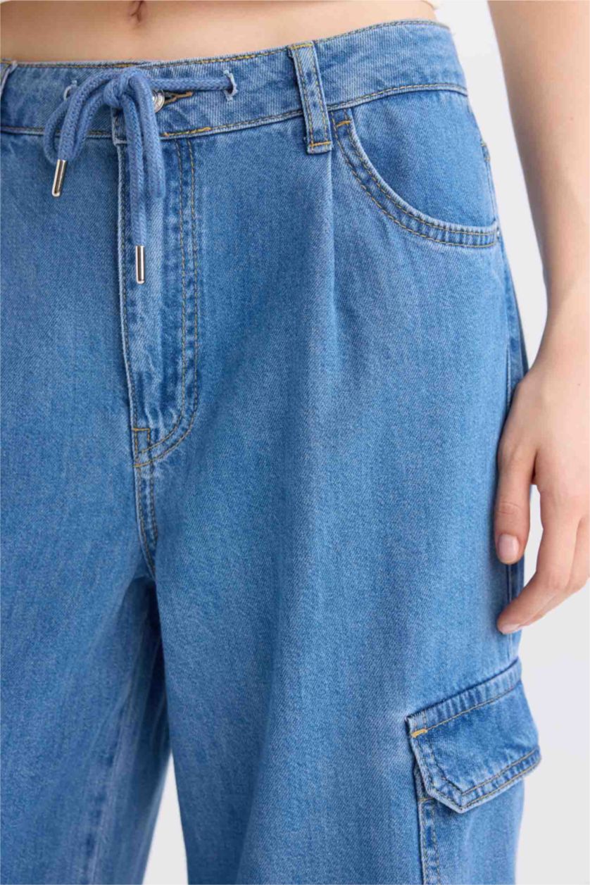 FEMME Bleu Pantalon Jean Cargo large Taille haute