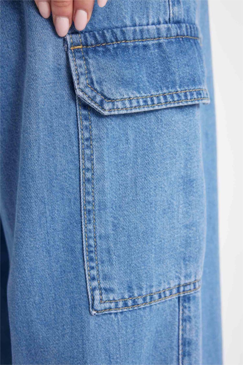 FEMME Bleu Pantalon Jean Cargo large Taille haute