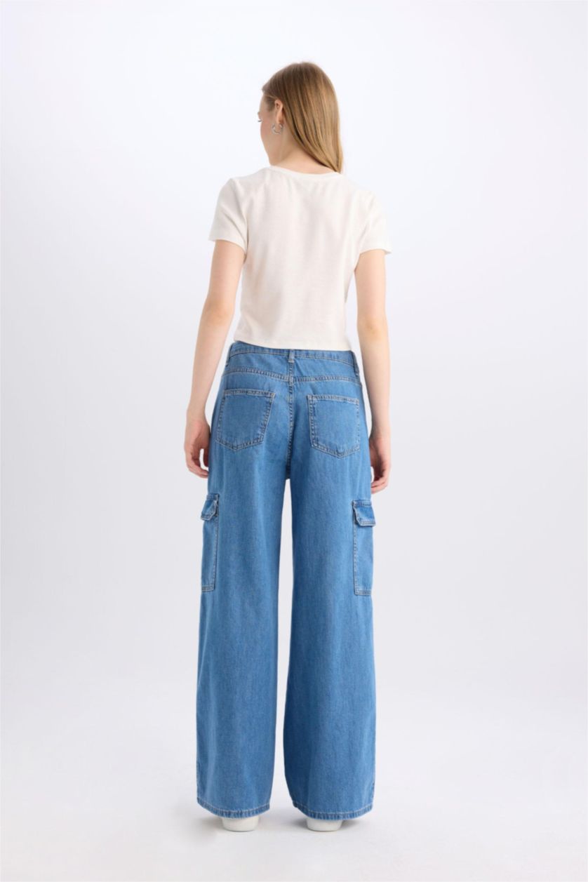 FEMME Bleu Pantalon Jean Cargo large Taille haute