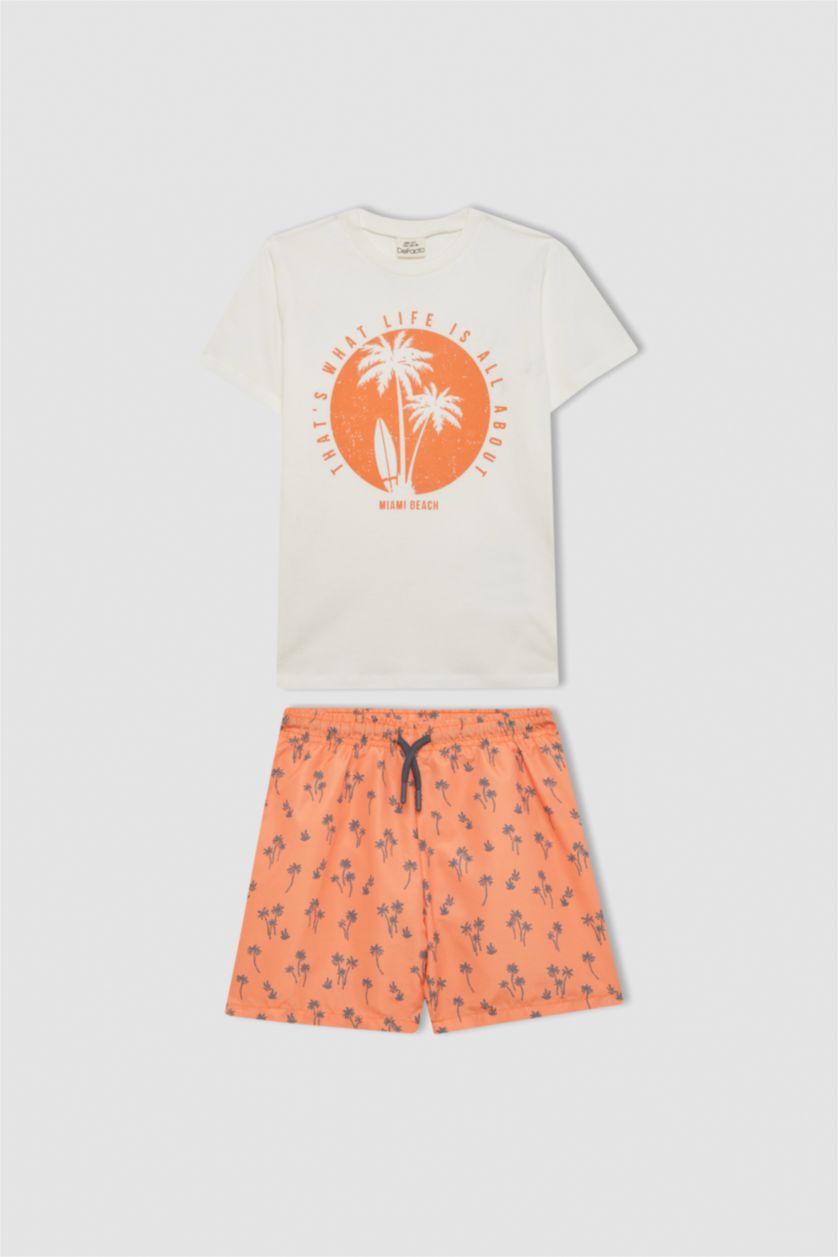 Boys & Teens Light Orange Boy Palm Tree Patterned T-Shirt Swim Shorts 2 Piece Set