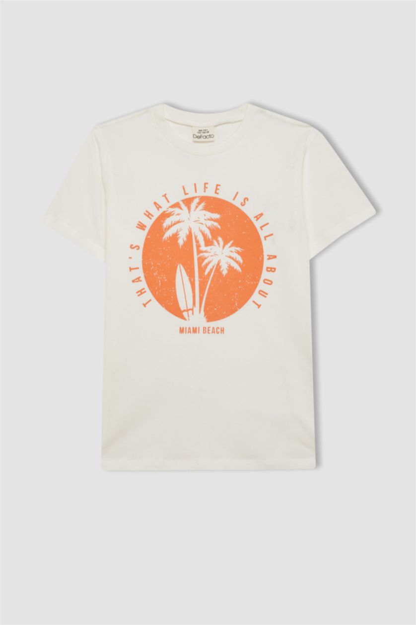 Boys & Teens Light Orange Boy Palm Tree Patterned T-Shirt Swim Shorts 2 Piece Set