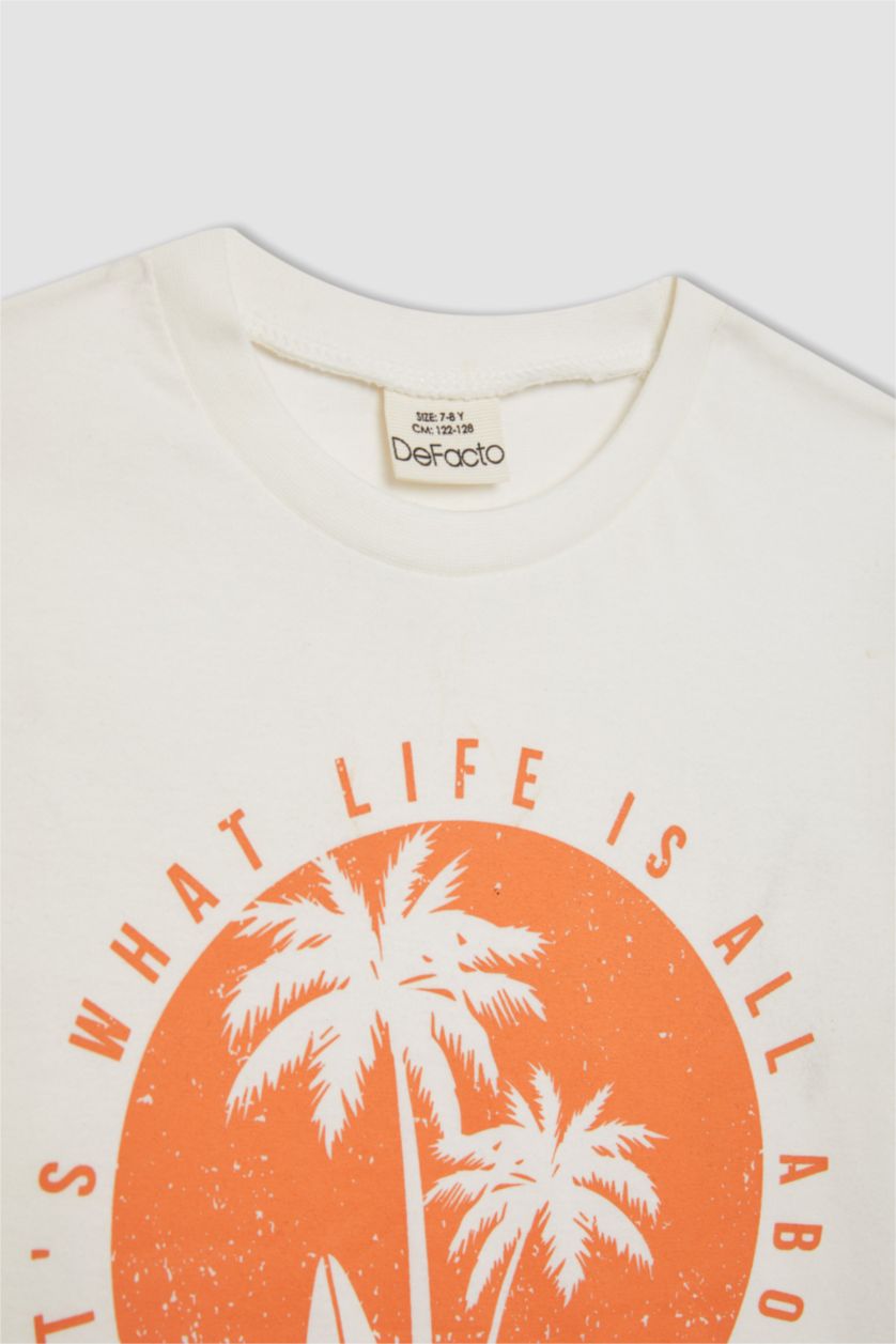 Boys & Teens Light Orange Boy Palm Tree Patterned T-Shirt Swim Shorts 2 Piece Set