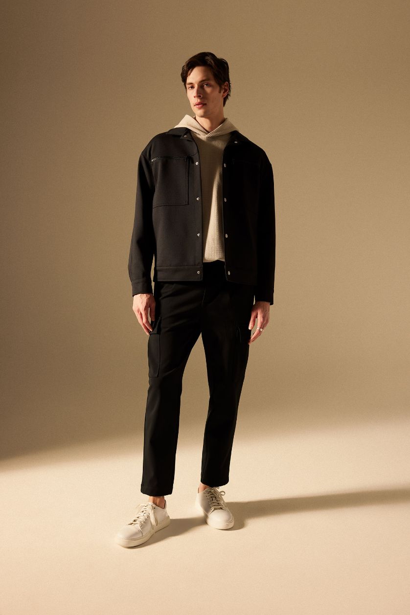 Man Black Cargo Jogger Regular Hem Trousers