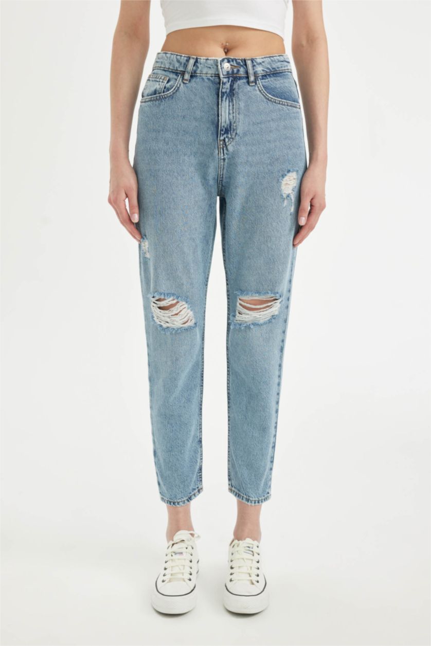 FEMME Bleu Pantalon Jean coupe Mom à Taille Haute avec Détails Déchirés
