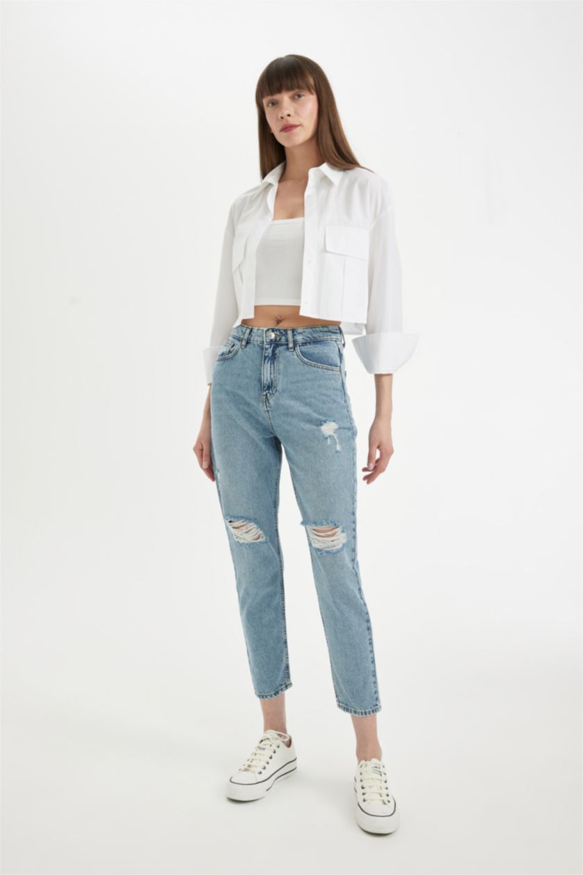 FEMME Bleu Pantalon Jean coupe Mom à Taille Haute avec Détails Déchirés