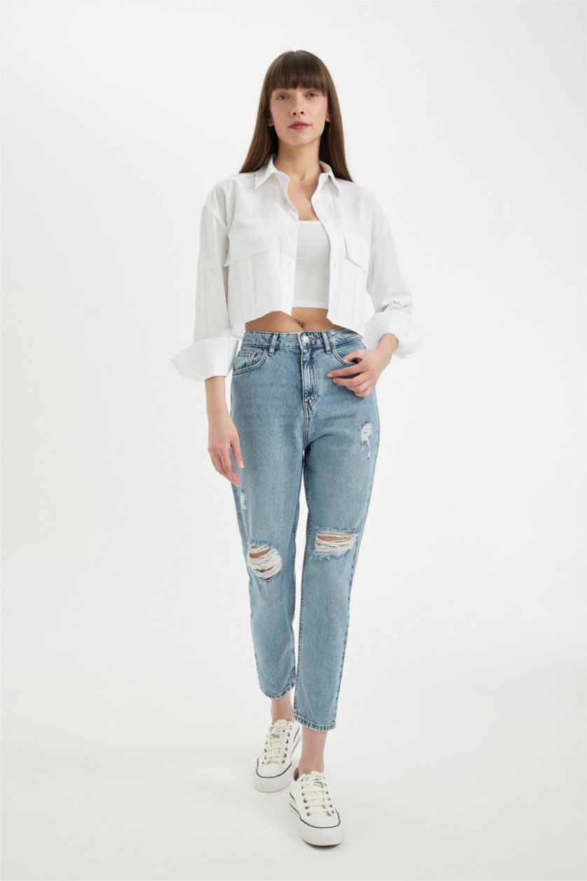 FEMME Bleu Pantalon Jean coupe Mom à Taille Haute avec Détails Déchirés