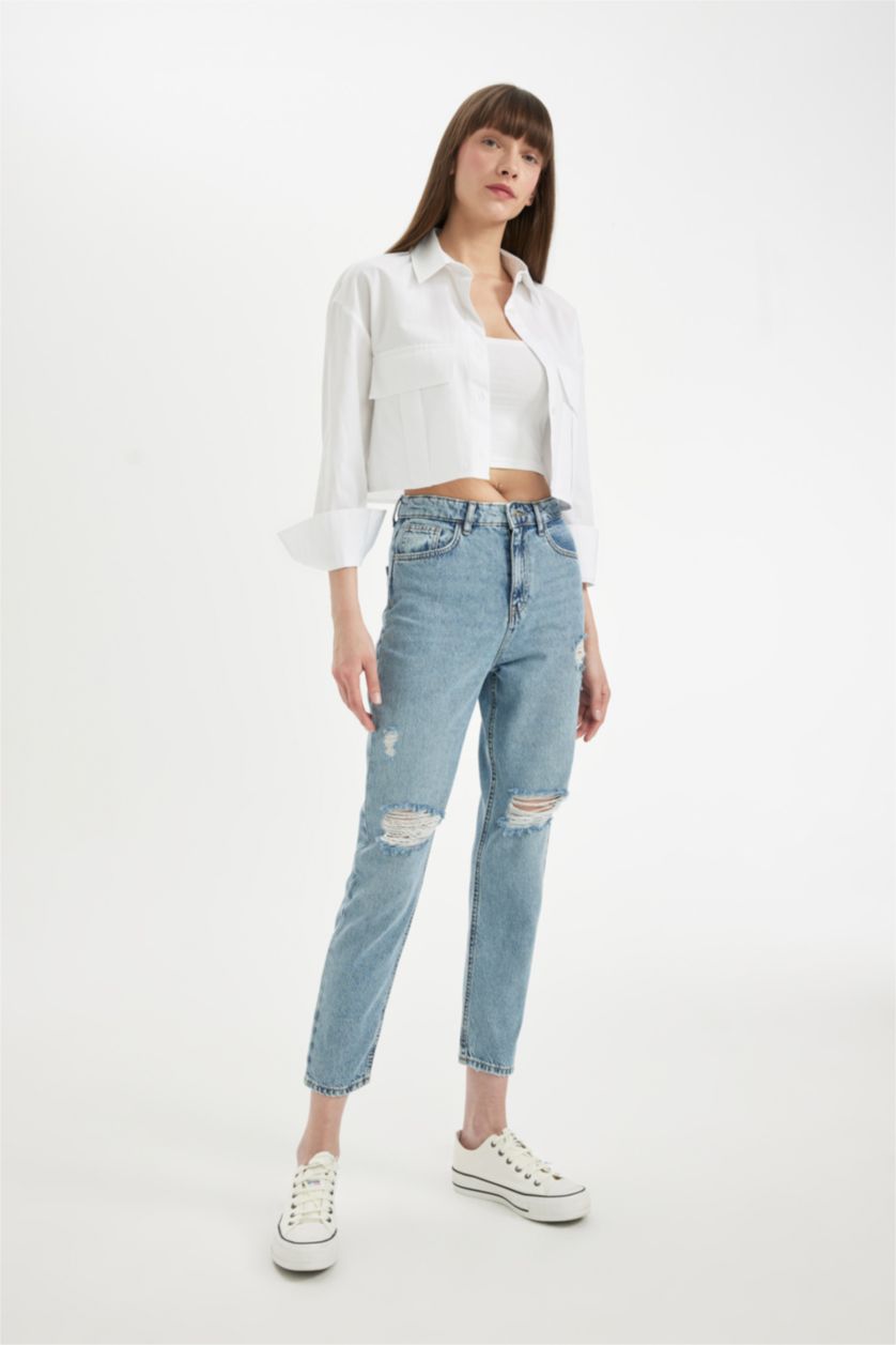 FEMME Bleu Pantalon Jean coupe Mom à Taille Haute avec Détails Déchirés