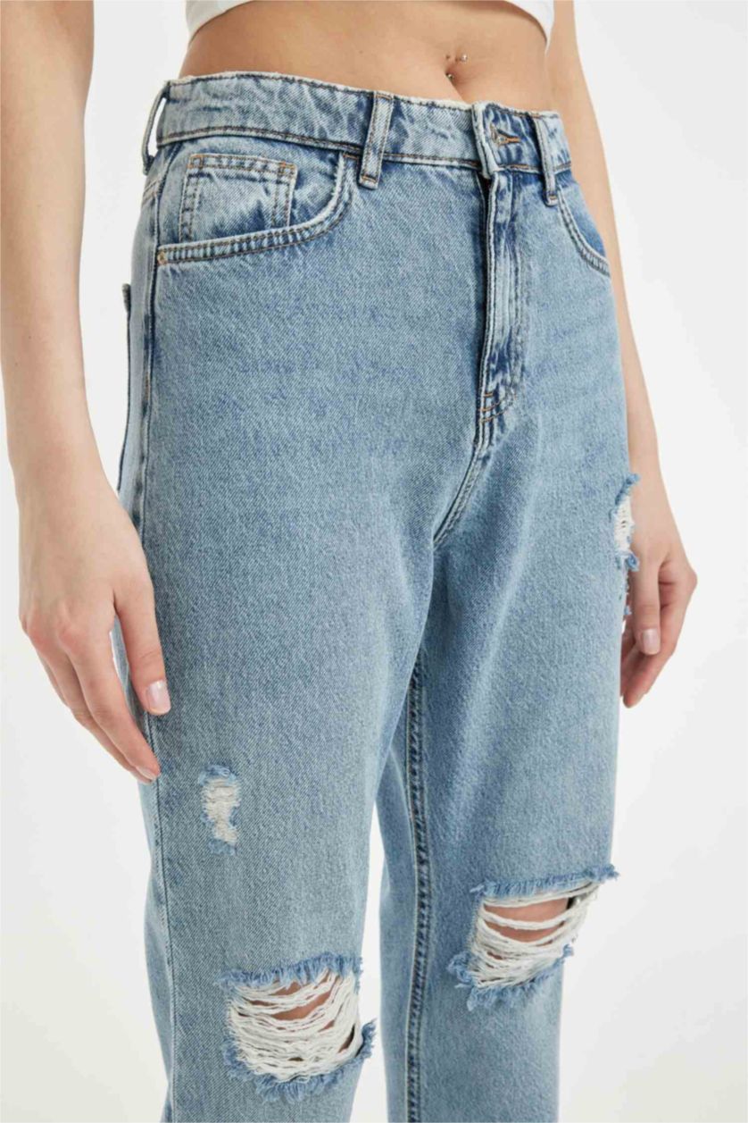 FEMME Bleu Pantalon Jean coupe Mom à Taille Haute avec Détails Déchirés