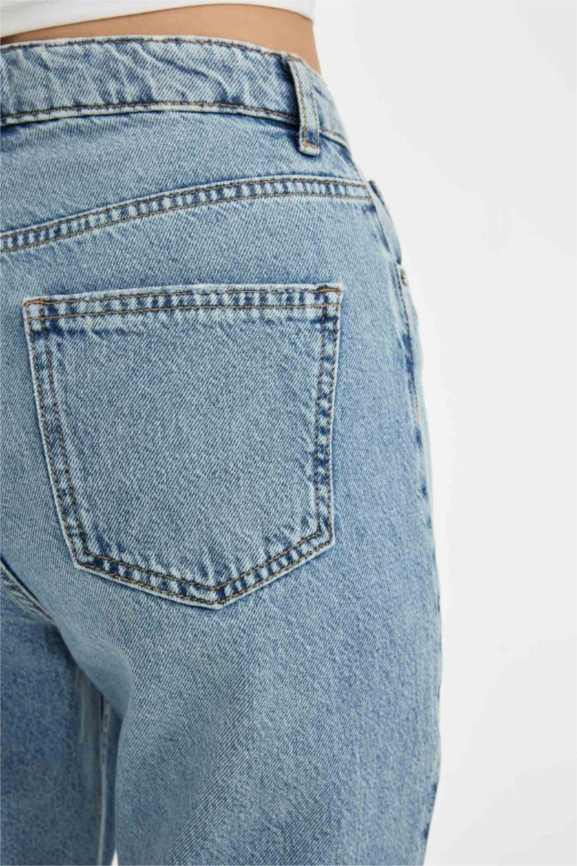 FEMME Bleu Pantalon Jean coupe Mom à Taille Haute avec Détails Déchirés