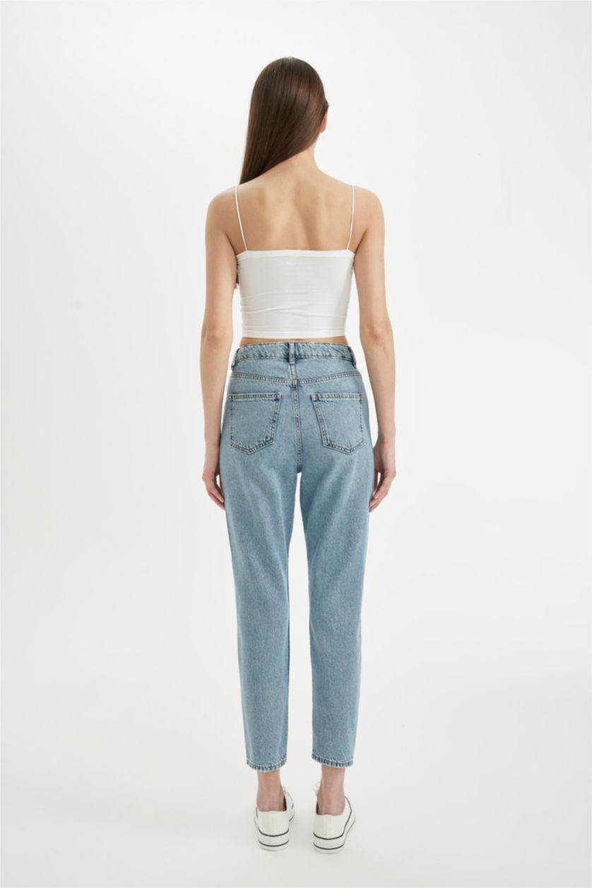 FEMME Bleu Pantalon Jean coupe Mom à Taille Haute avec Détails Déchirés