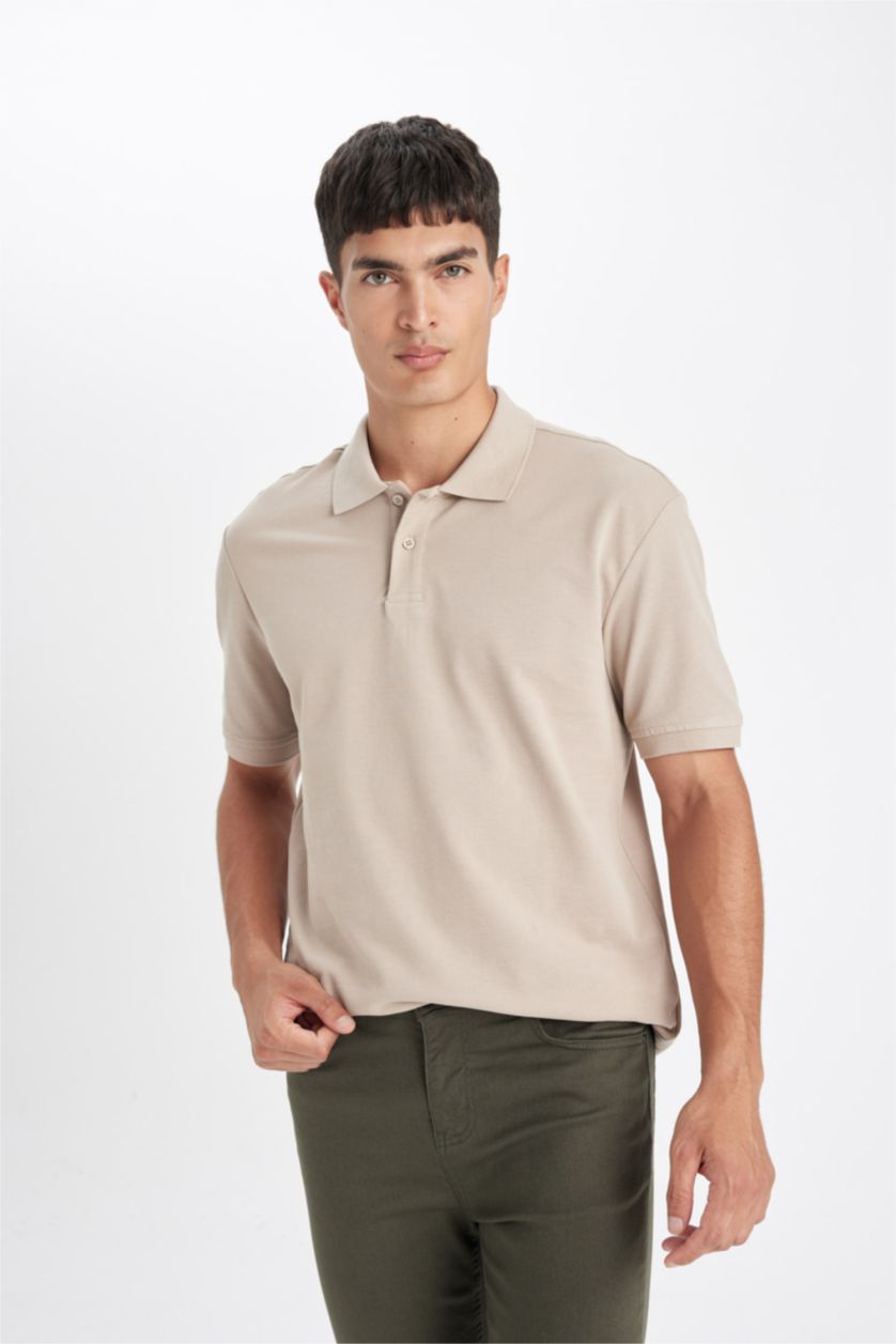 Erkek Bej %100 Pamuk Regular Fit Polo Yaka Kısa Kollu Basic Düz Pike Kumaş Tişört