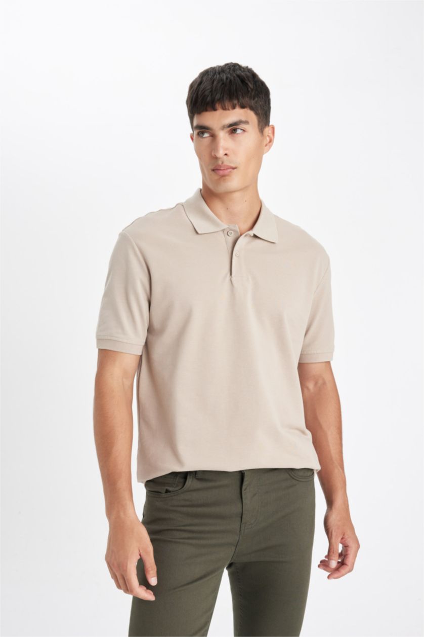 Erkek Bej %100 Pamuk Regular Fit Polo Yaka Kısa Kollu Basic Düz Pike Kumaş Tişört