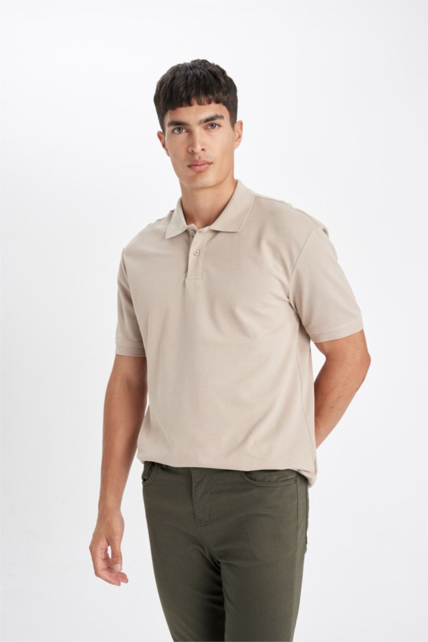 Erkek Bej %100 Pamuk Regular Fit Polo Yaka Kısa Kollu Basic Düz Pike Kumaş Tişört