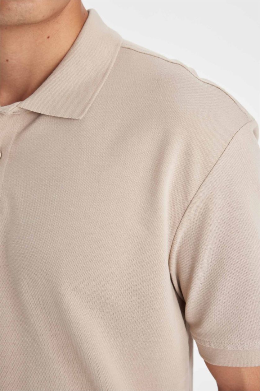 Erkek Bej %100 Pamuk Regular Fit Polo Yaka Kısa Kollu Basic Düz Pike Kumaş Tişört