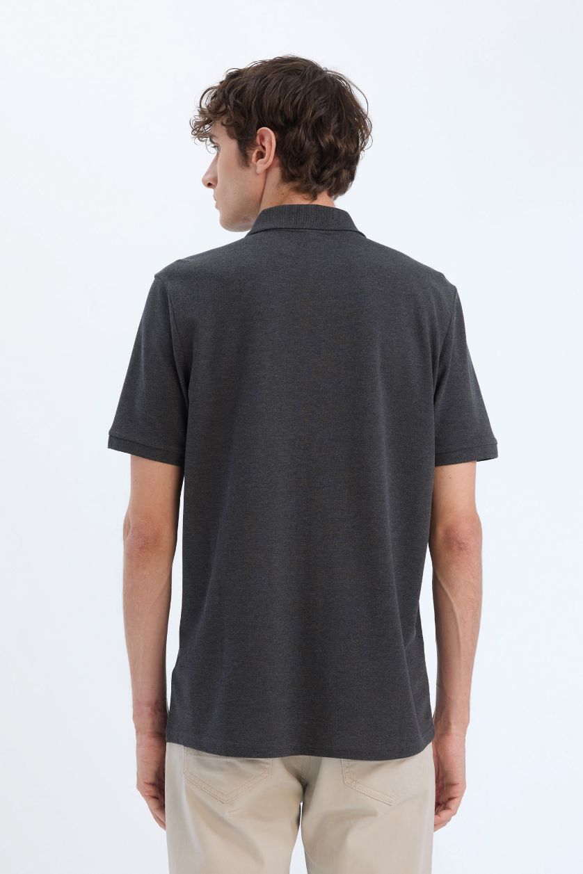 Erkek Antrasit Melanj %100 Pamuk Regular Fit Polo Yaka Kısa Kollu Basic Düz Pike Kumaş Tişört