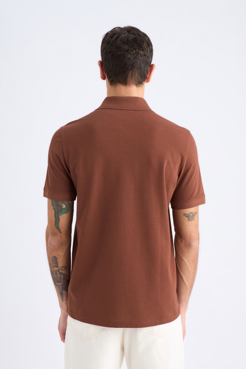 Erkek Kahve %100 Pamuk Regular Fit Polo Yaka Kısa Kollu Basic Düz Pike Kumaş Tişört