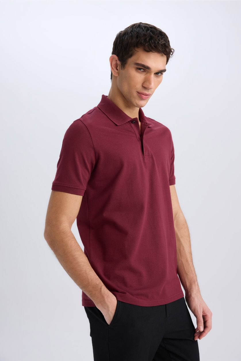 Erkek Bordo %100 Pamuk Regular Fit Polo Yaka Kısa Kollu Basic Düz Pike Kumaş Tişört