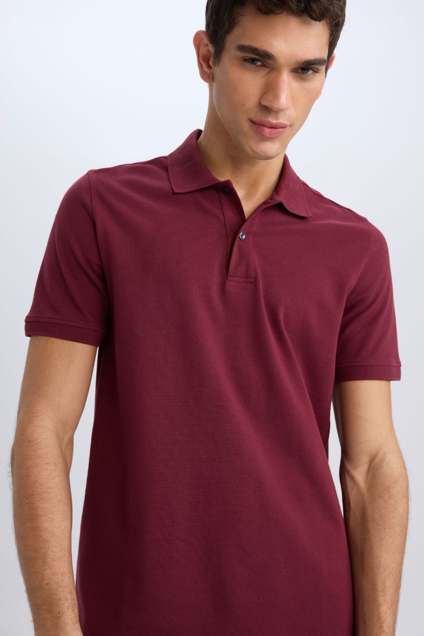 Erkek Bordo %100 Pamuk Regular Fit Polo Yaka Kısa Kollu Basic Düz Pike Kumaş Tişört