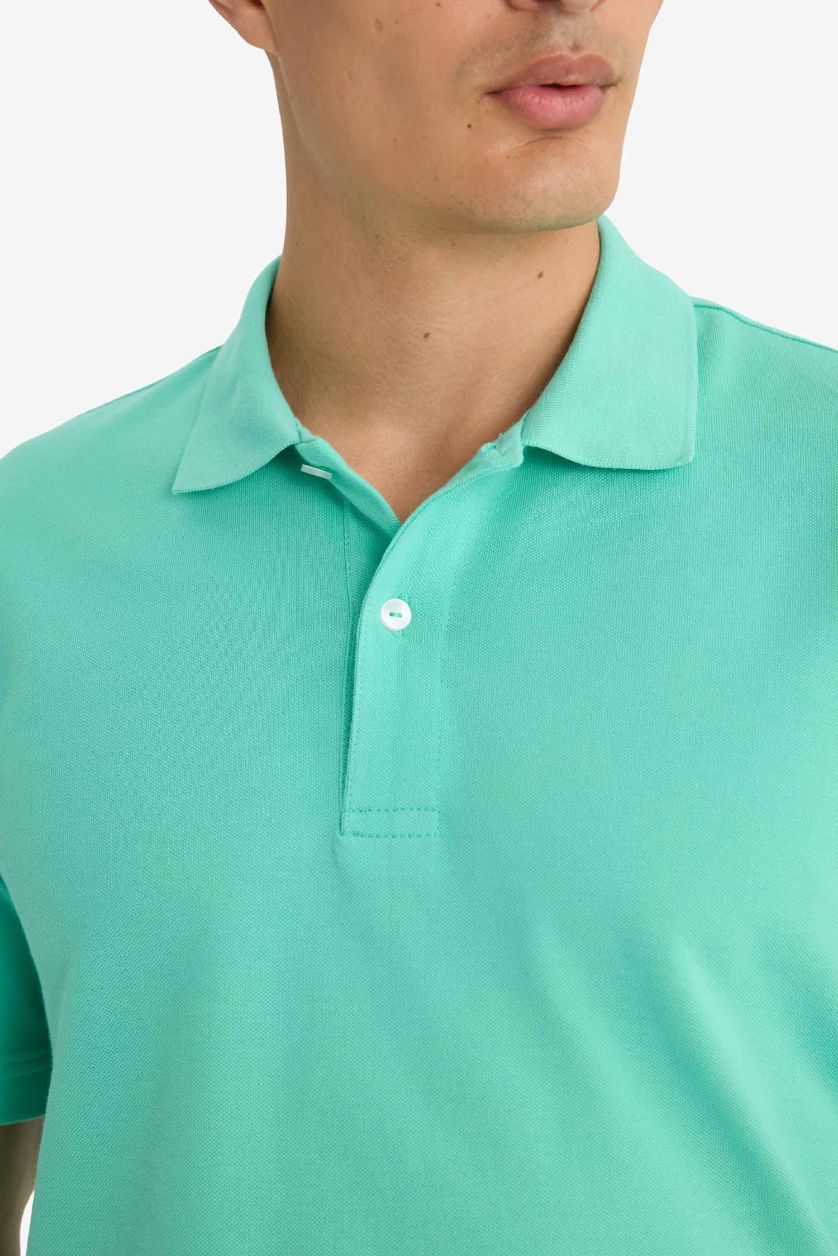 Erkek Parlak Yeşiil %100 Pamuk Regular Fit Polo Yaka Kısa Kollu Basic Düz Pike Kumaş Tişört