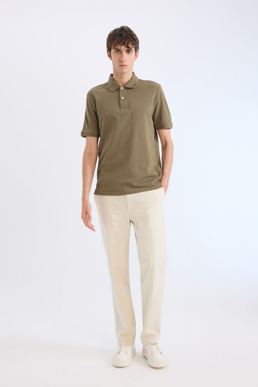 رجال كاكي تيشيرت بولو بيكة قصة عادية برقبة بولو
