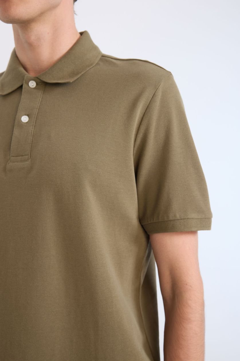 رجال كاكي تيشيرت بولو بيكة قصة عادية برقبة بولو