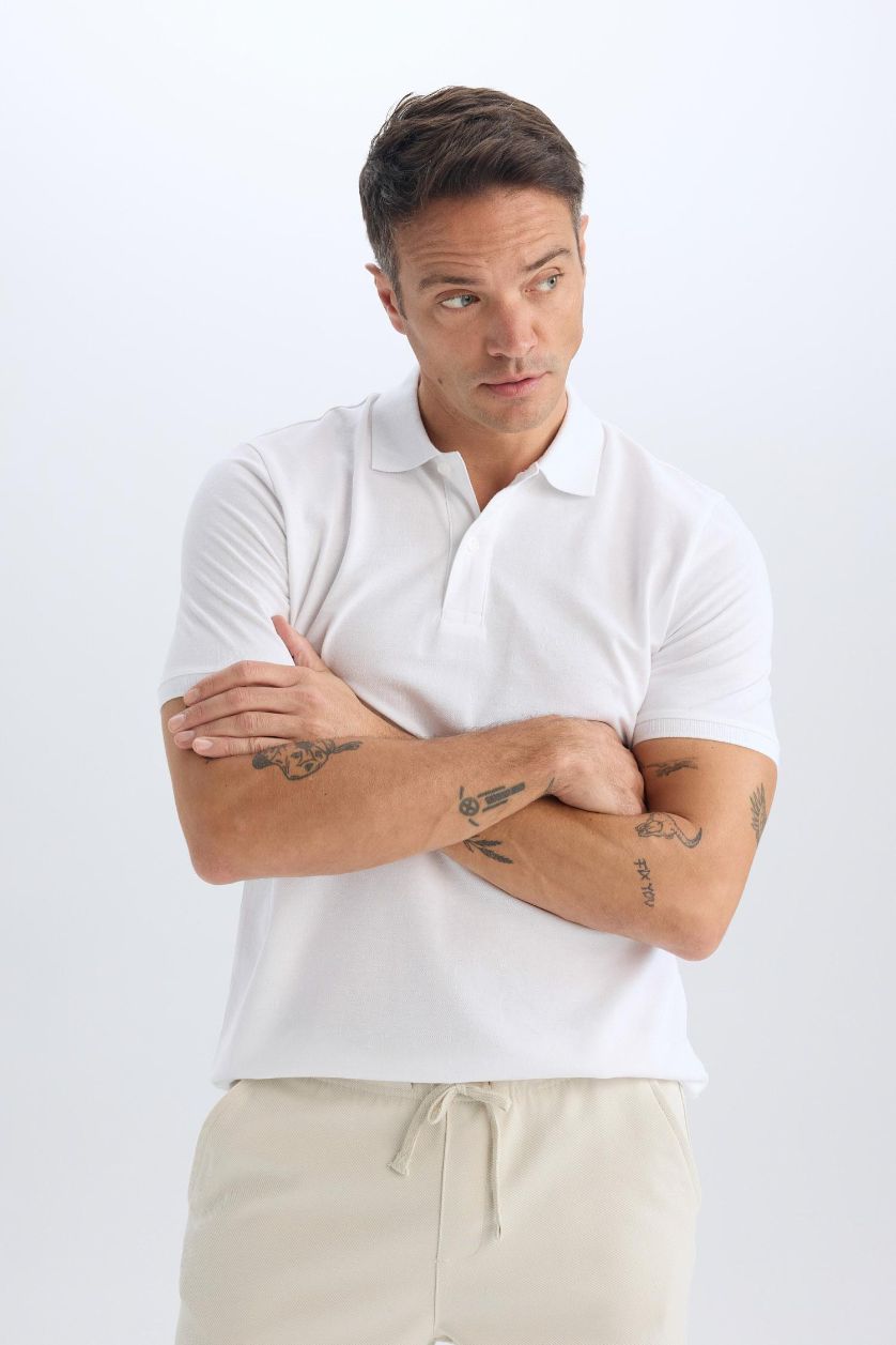 Erkek Beyaz %100 Pamuk Regular Fit Polo Yaka Kısa Kollu Basic Düz Pike Kumaş Tişört