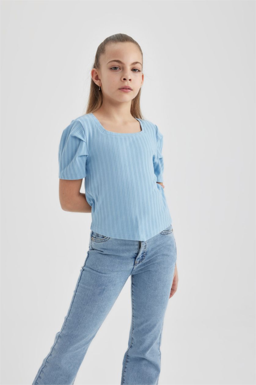 GIRLS & TEENS Blue Girl Ribbed Camisole Short Sleeve Crop T-Shirt