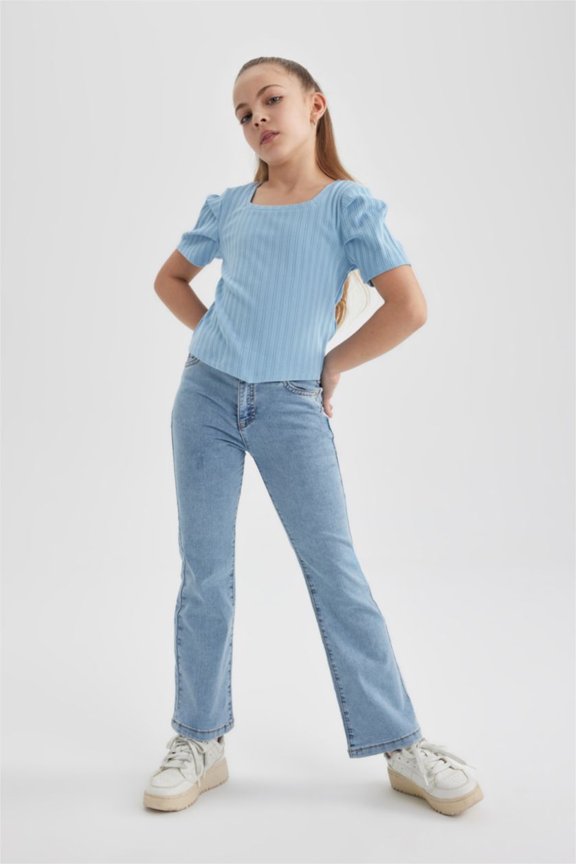 GIRLS & TEENS Blue Girl Ribbed Camisole Short Sleeve Crop T-Shirt