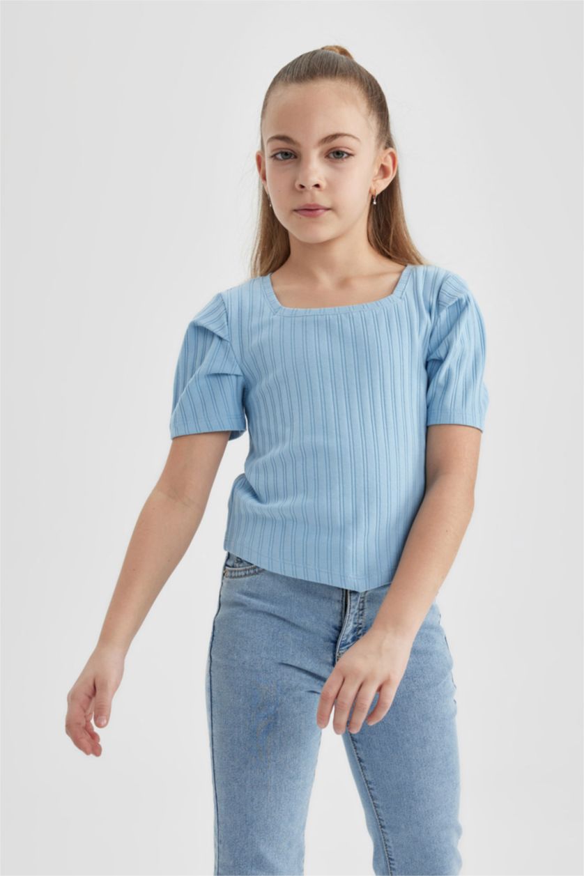GIRLS & TEENS Blue Girl Ribbed Camisole Short Sleeve Crop T-Shirt