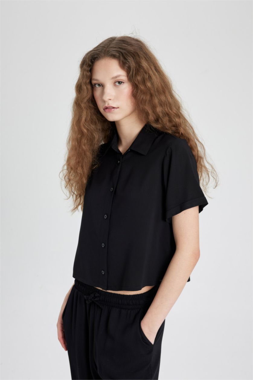 WOMAN Black Regular Fit Shirt Collar Short Sleeve Shirt