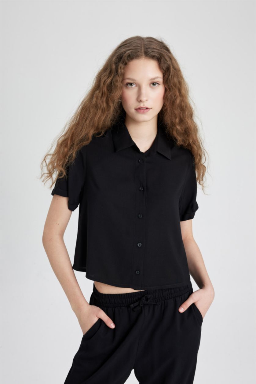 WOMAN Black Regular Fit Shirt Collar Short Sleeve Shirt