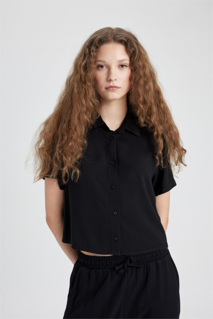 WOMAN Black Regular Fit Shirt Collar Short Sleeve Shirt
