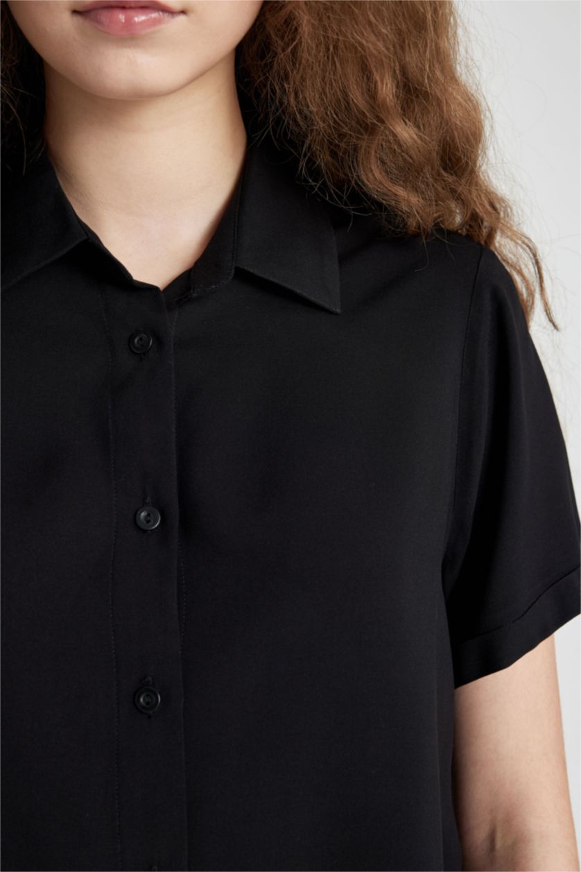 WOMAN Black Regular Fit Shirt Collar Short Sleeve Shirt