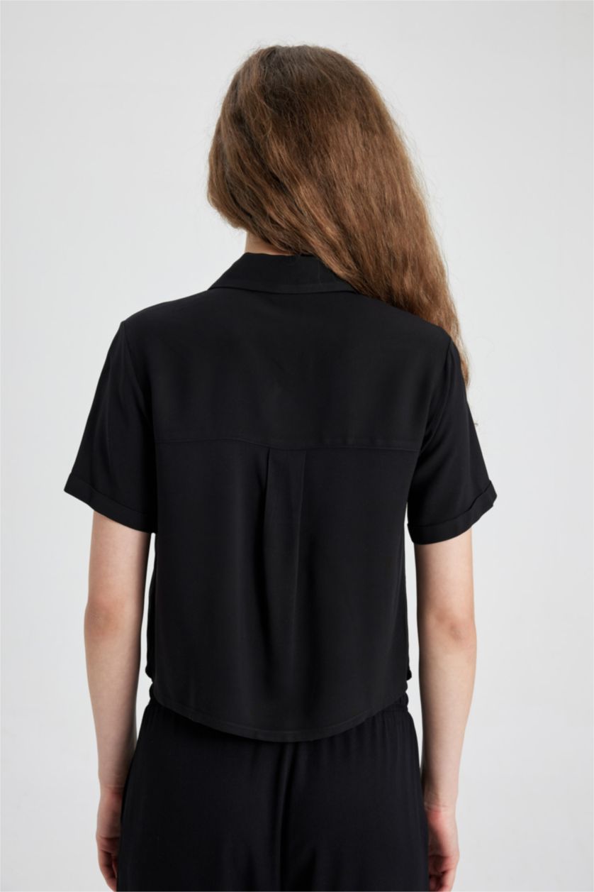 WOMAN Black Regular Fit Shirt Collar Short Sleeve Shirt
