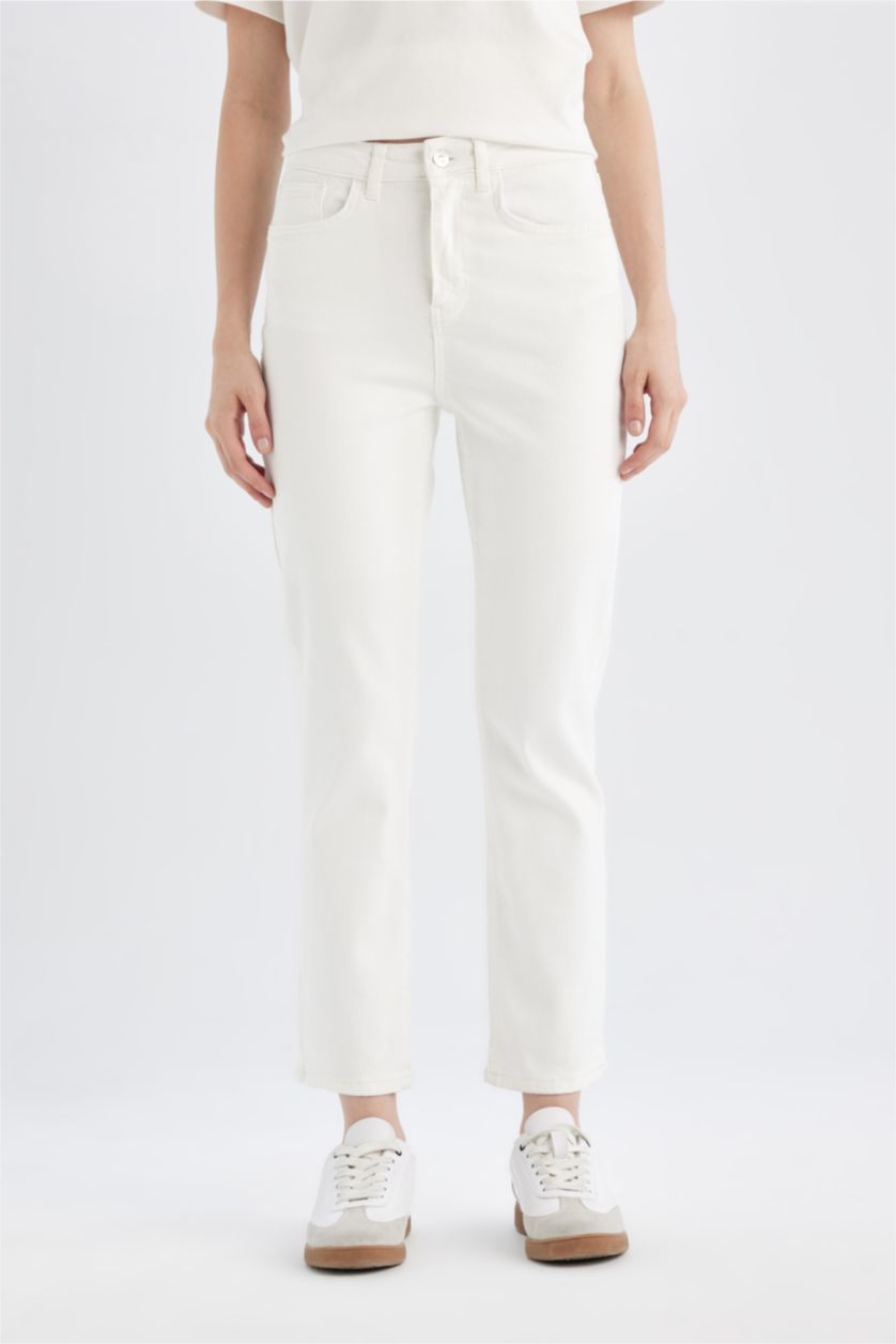 نساء أبيض سروال جينز ابيض ماري بقصة مستقيمة وخصر عالي