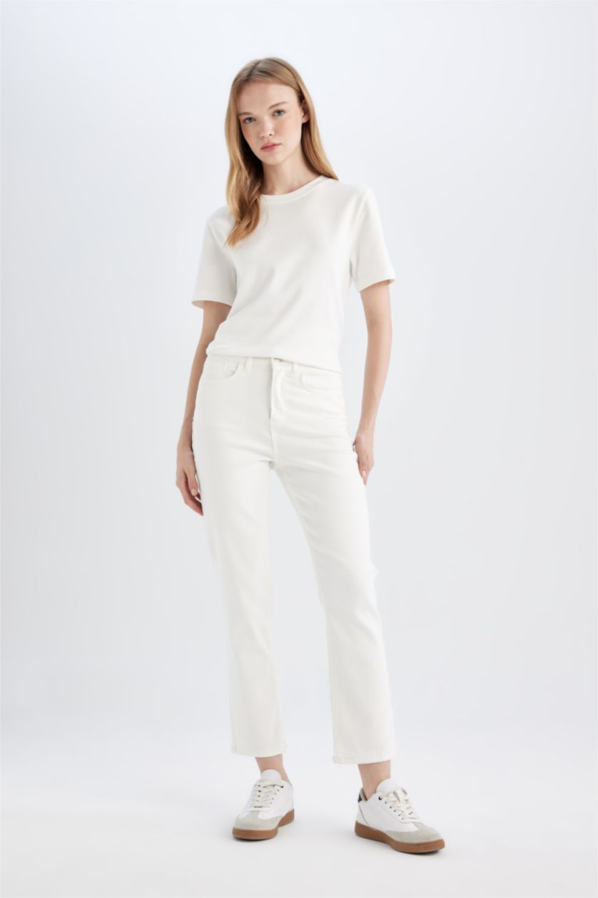 نساء أبيض سروال جينز ابيض ماري بقصة مستقيمة وخصر عالي