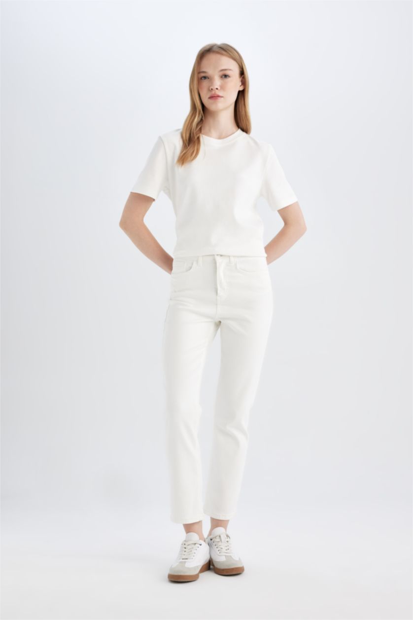 نساء أبيض سروال جينز ابيض ماري بقصة مستقيمة وخصر عالي