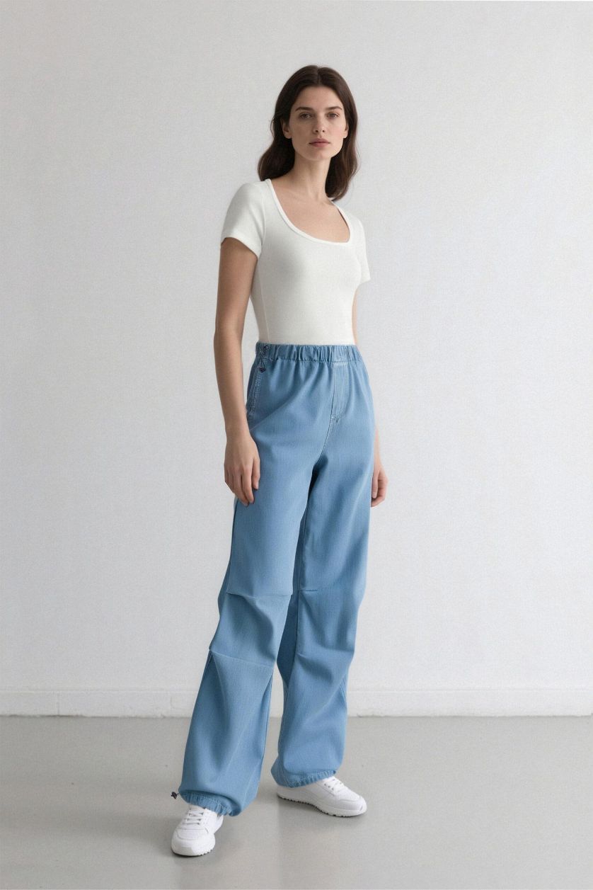 Kadın Açık Mavi Jogger Yüksek Bel Bilek Boy Paraşüt Jean Pantolon