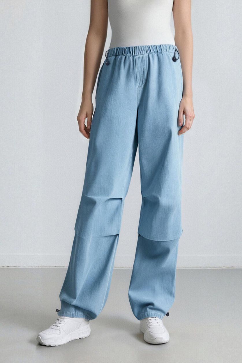 Kadın Açık Mavi Jogger Yüksek Bel Bilek Boy Paraşüt Jean Pantolon