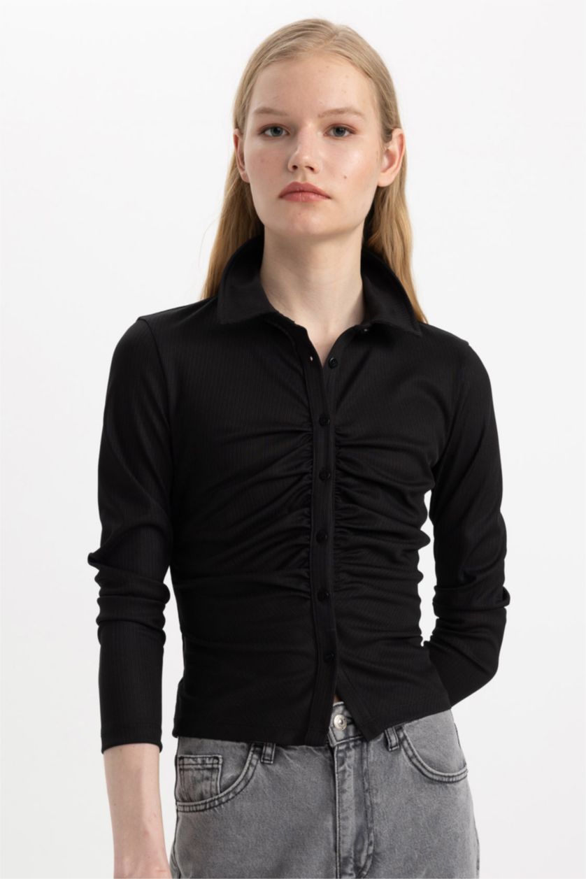 FEMME Noir T-Shirt Polo Slim à Manches Longues