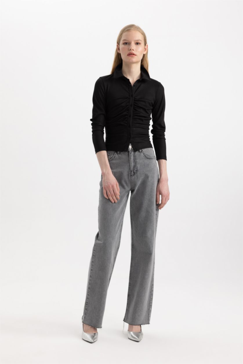 FEMME Noir T-Shirt Polo Slim à Manches Longues