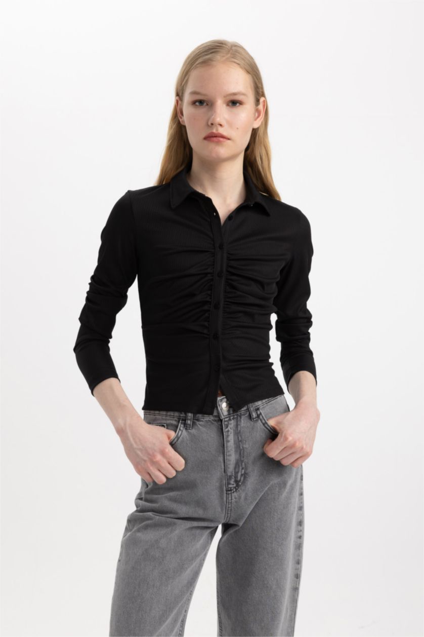 FEMME Noir T-Shirt Polo Slim à Manches Longues