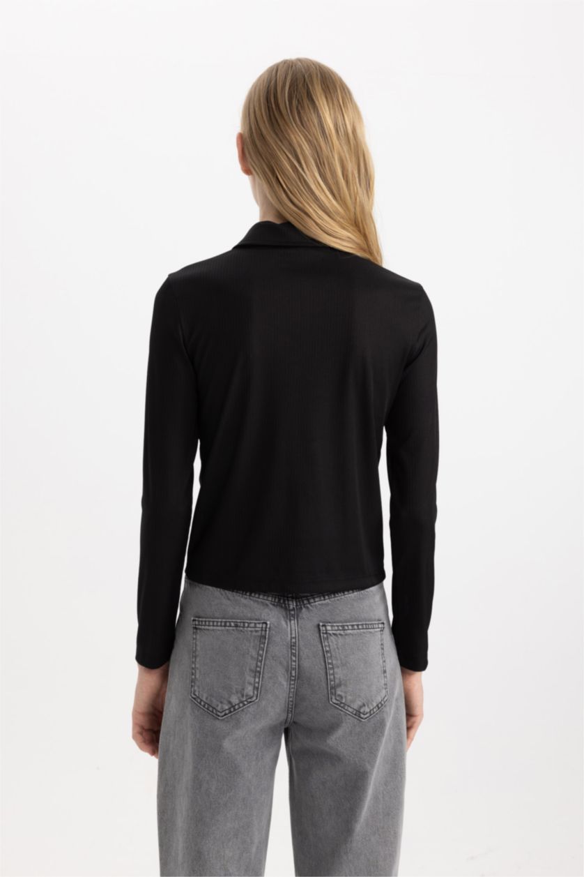 FEMME Noir T-Shirt Polo Slim à Manches Longues