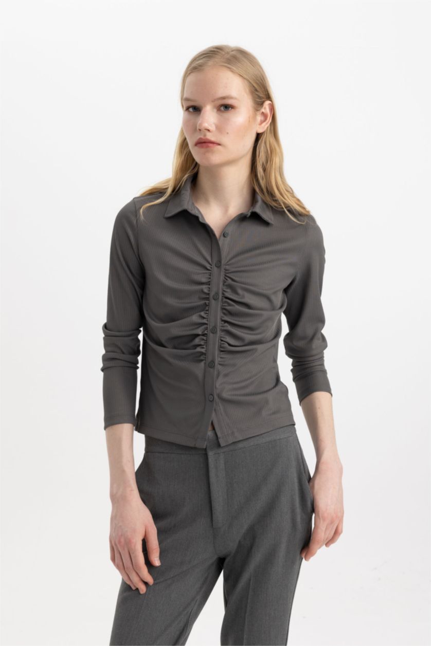 Женщины Серый Футболка поло стандартного кроя с длинным рукавом