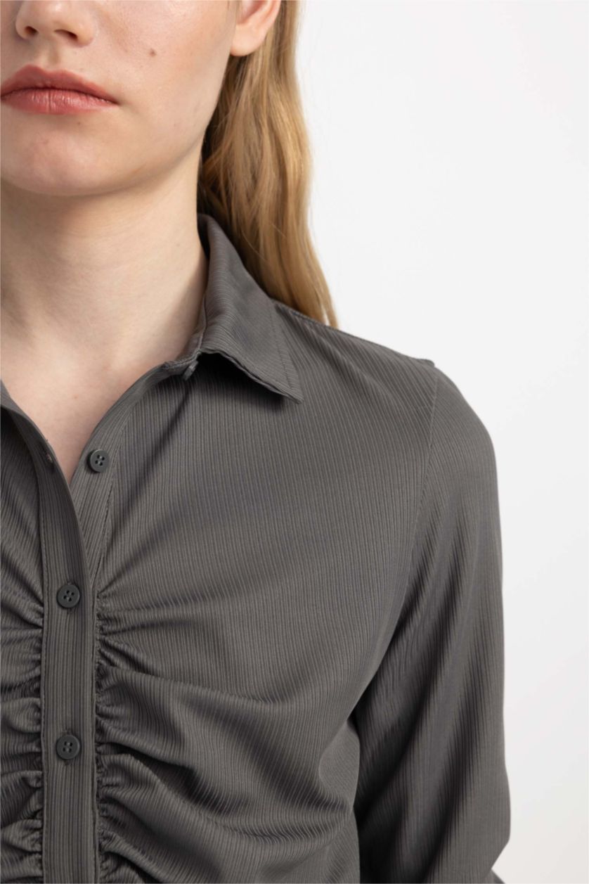 Женщины Серый Футболка поло стандартного кроя с длинным рукавом