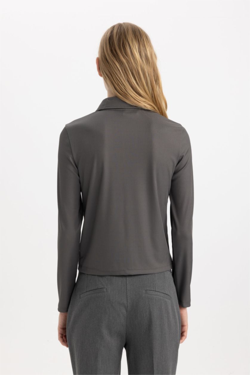 Женщины Серый Футболка поло стандартного кроя с длинным рукавом