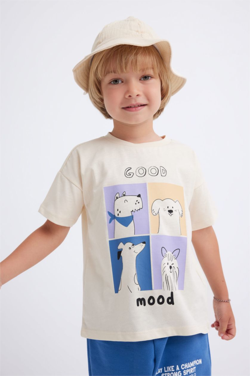 BABY BOY Light Stone Baby Boy Crew Neck Dog Printed Short Sleeve T-Shirt