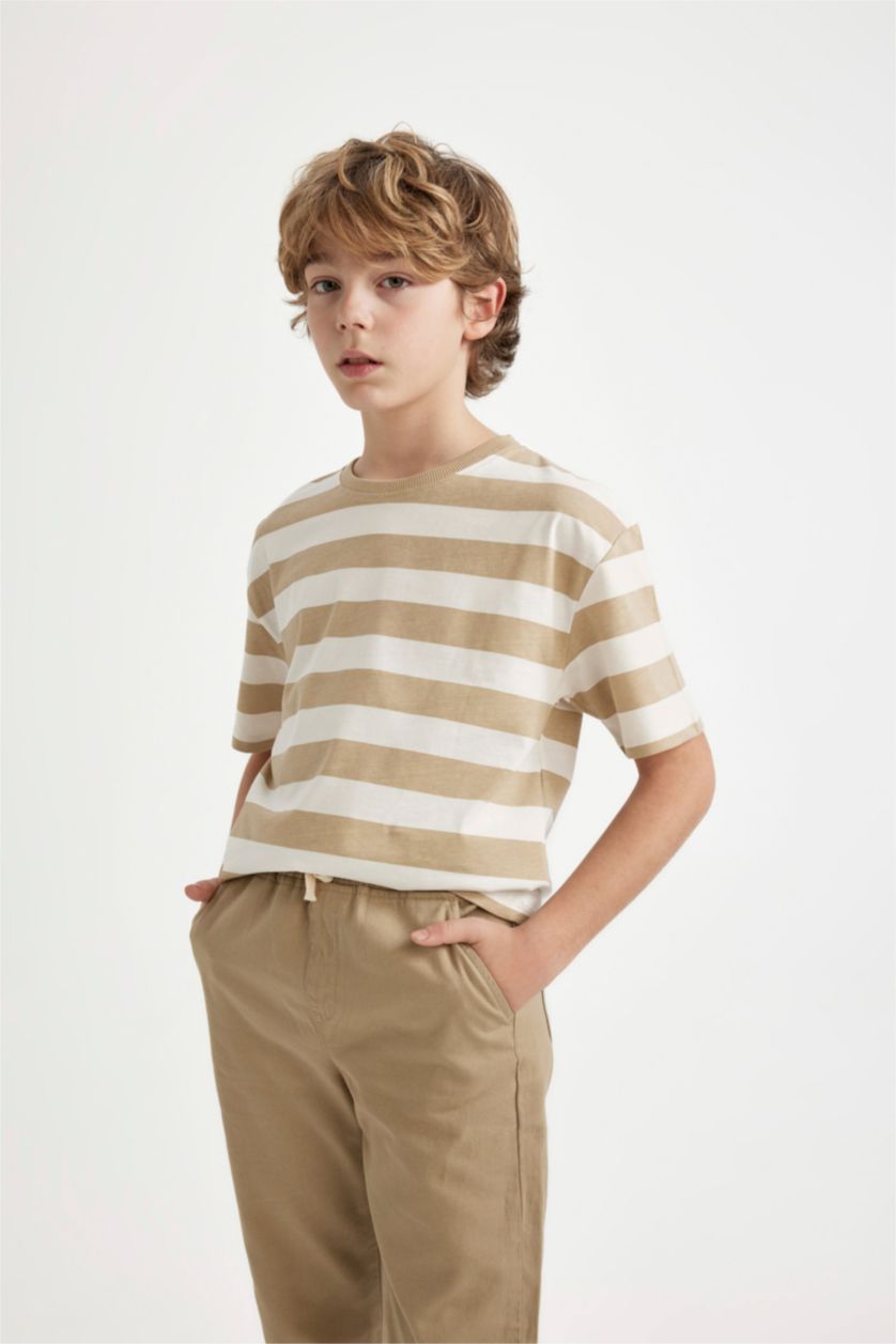 BOYS & TEENS Ecru Boy Oversize Fit Crew Neck Striped Patterned T-Shirt