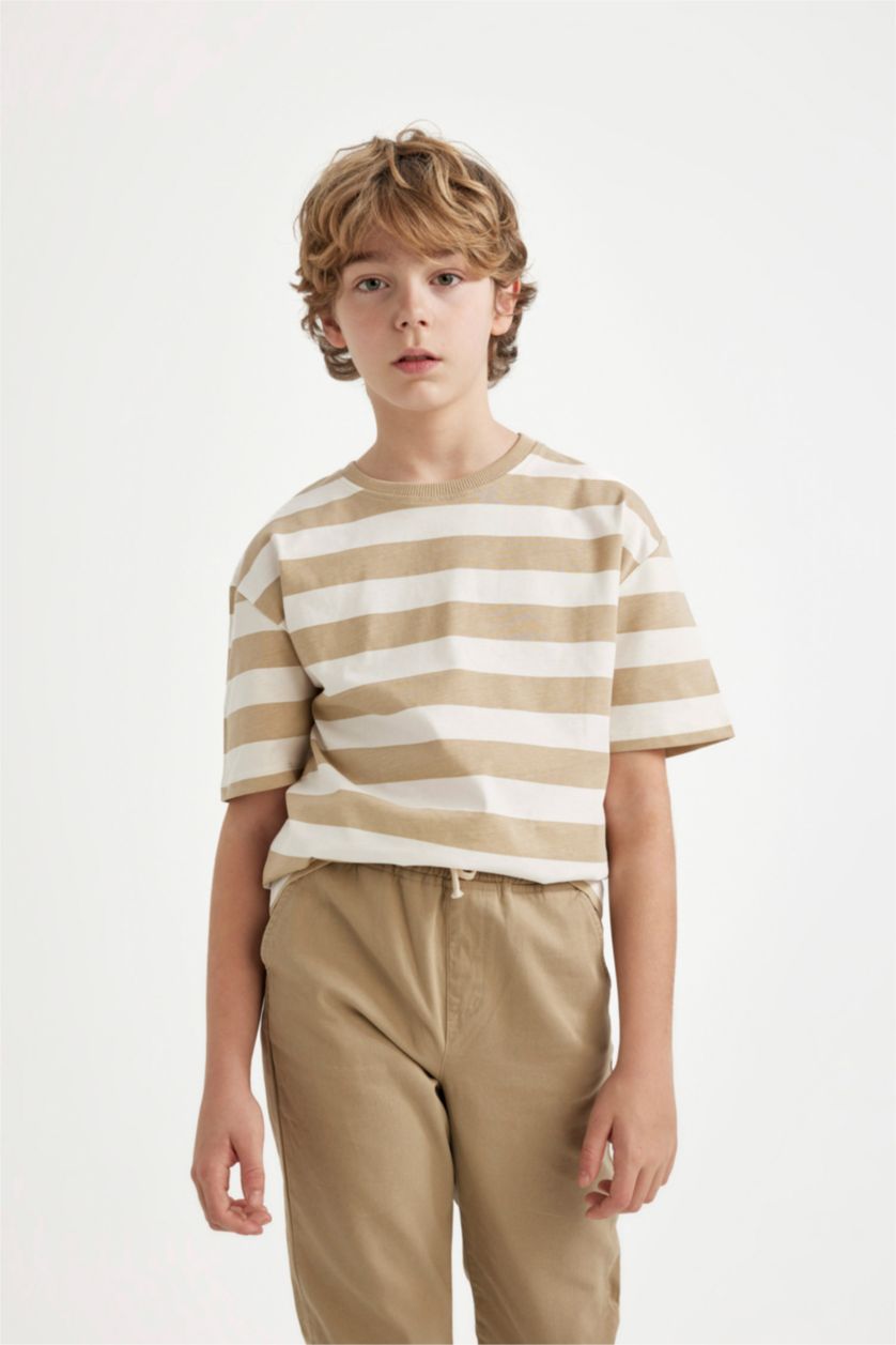 BOYS & TEENS Ecru Boy Oversize Fit Crew Neck Striped Patterned T-Shirt